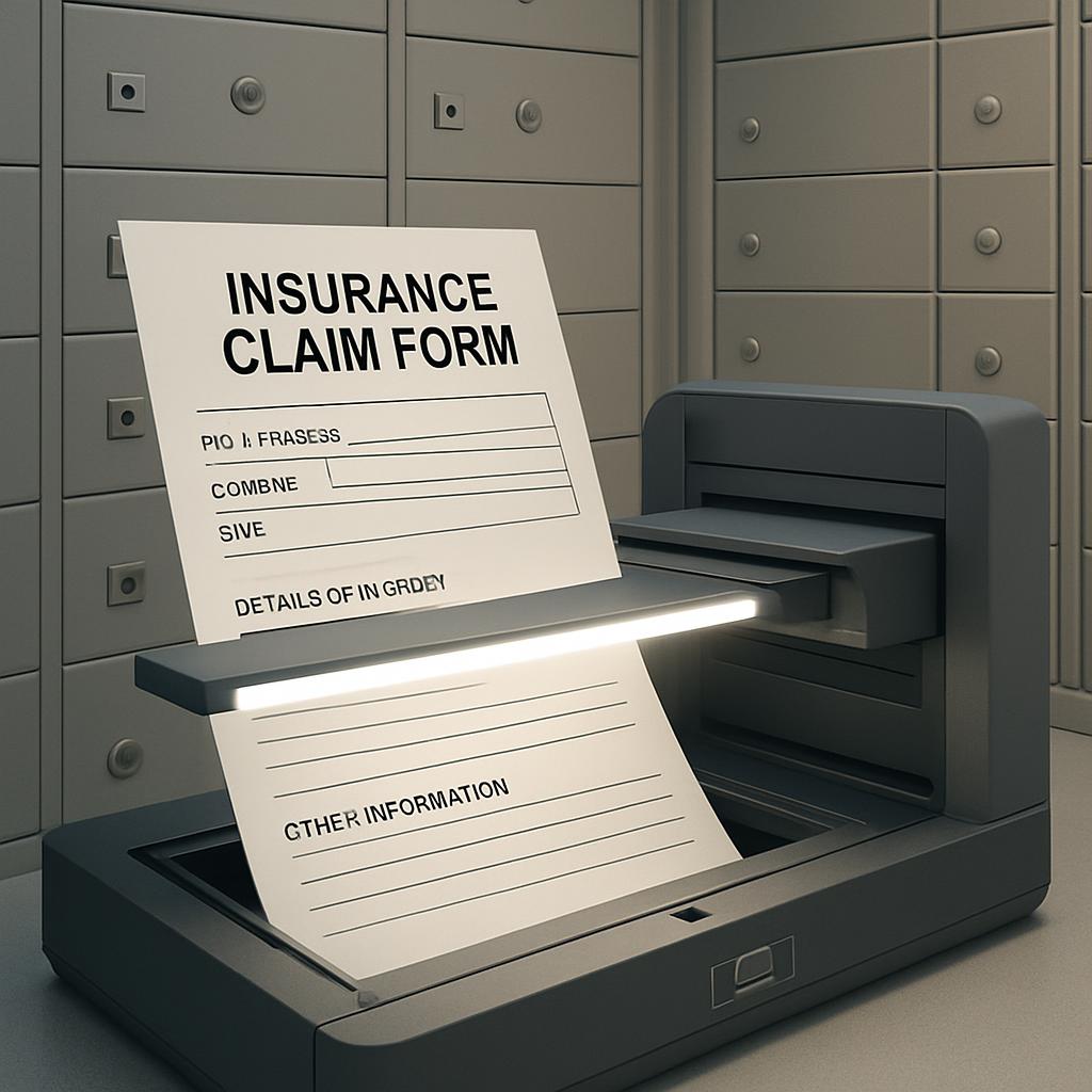 Computer printer printing "Insurance Claim Form" paper.