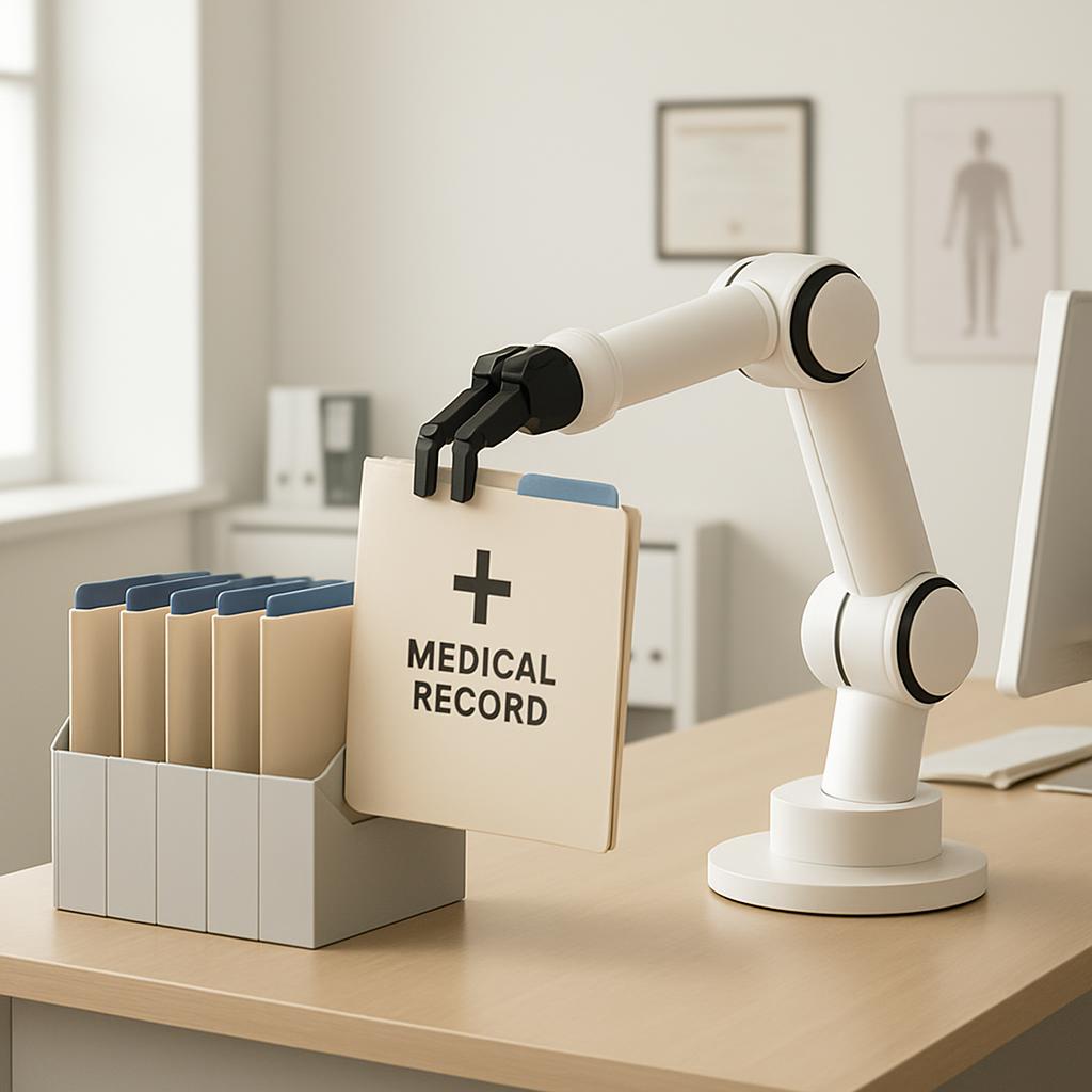 An office workspace featuring a robotic arm holding a medical record folder in front of a desk, with a computer monitor an...