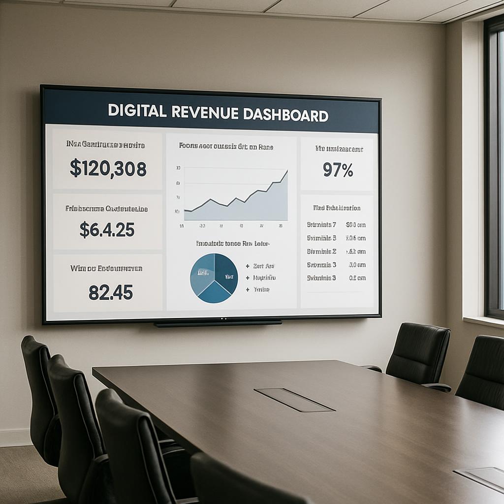 A conference room with a large screen displaying a "DIGITAL REVENUE DASHBOARD" and a brown table surrounded by four black ...