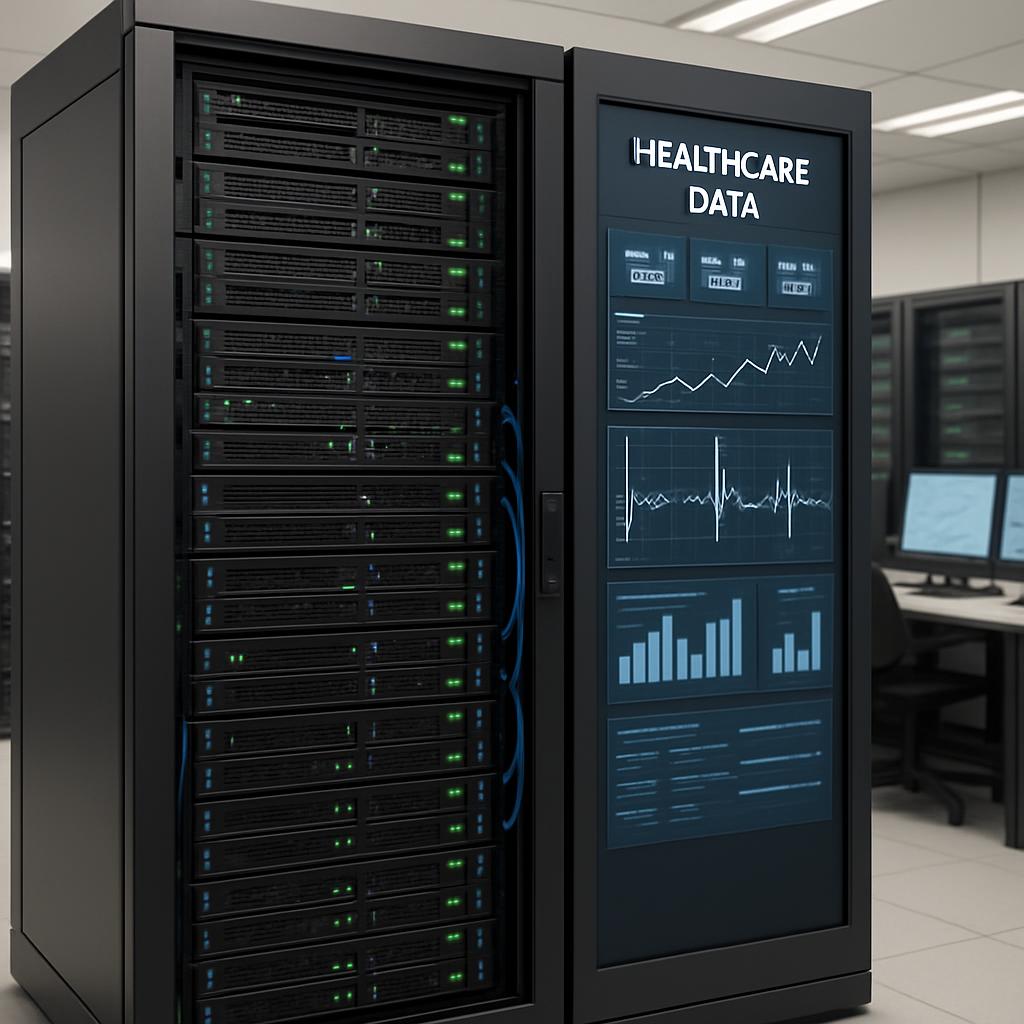 Photo of a server rack containing stacked computer servers with one door open. [Heavily tinted black doors are half visibl...