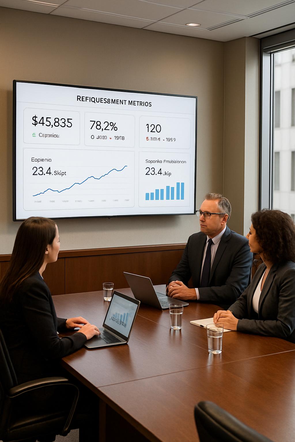 title Three individuals in a conference room, accompanied by a large screen displaying financial data in the language of the req...